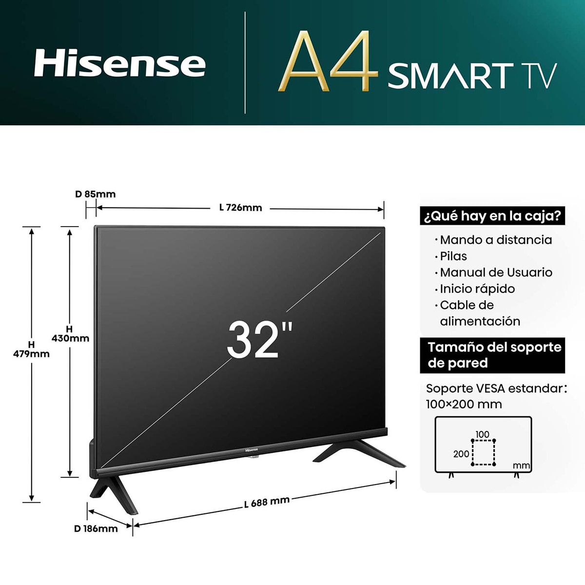 TV LED 80cm (32") Hisense 32A4N HD Smart TV, Direct Full array, Dolby Audio Negro-2
