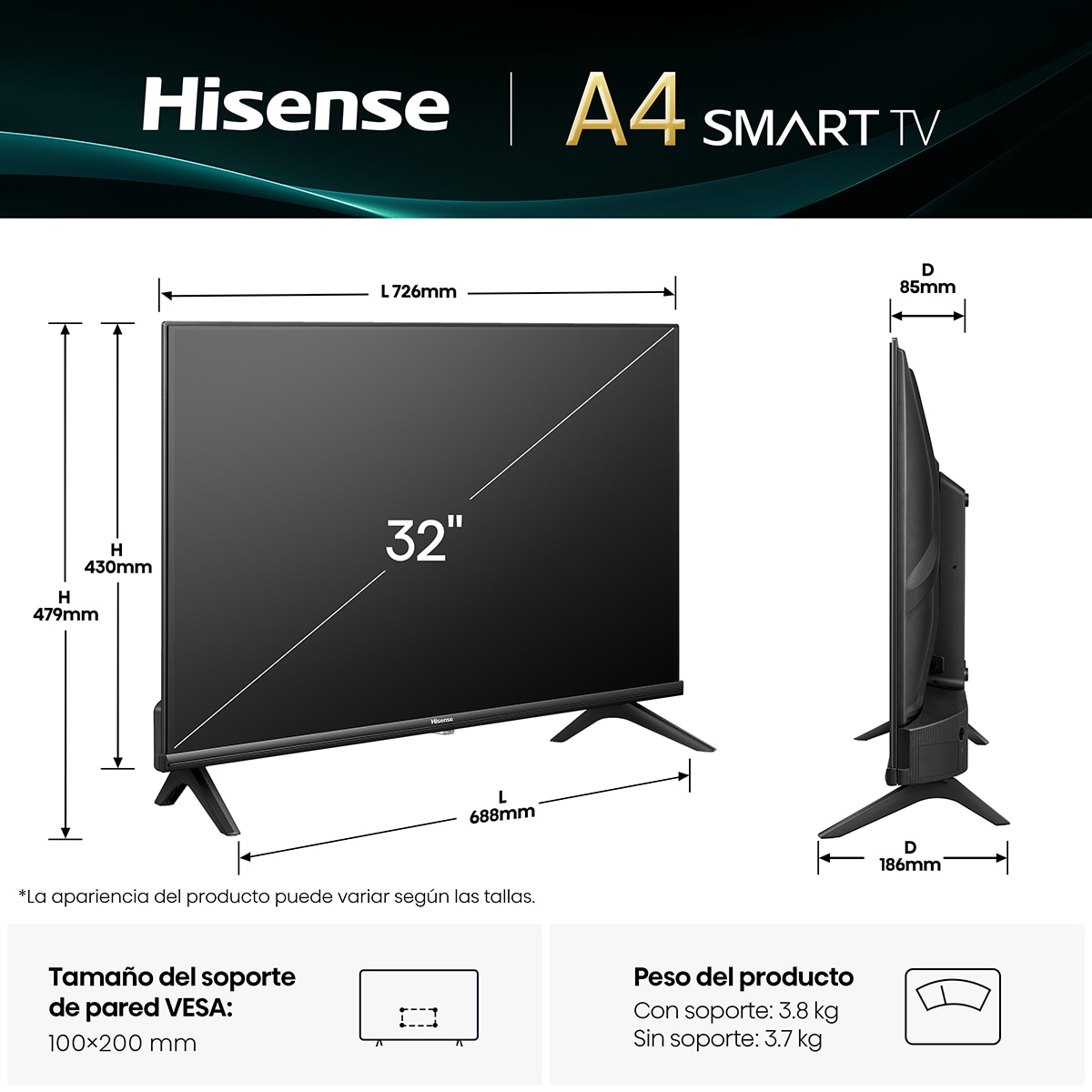 TV LED 80 cm (32") Hisense 32A4Q, HD Ready, Smart TV Negro-2