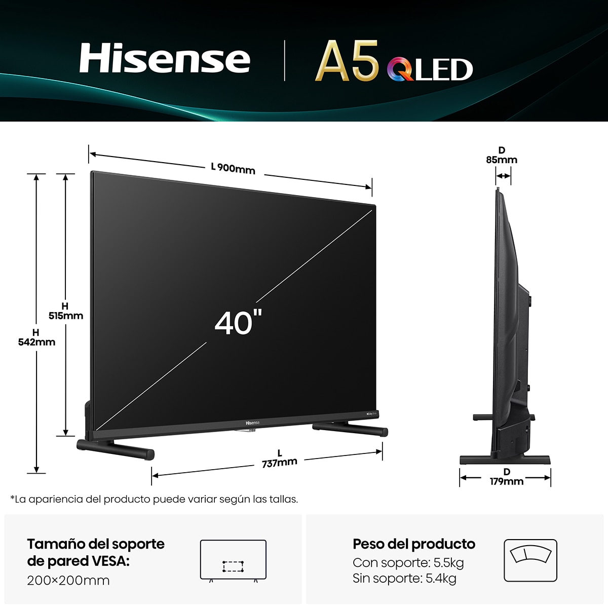 TV QLED 100 cm (40") Hisense 40A5Q, Full HD, Smart TV Negro-2