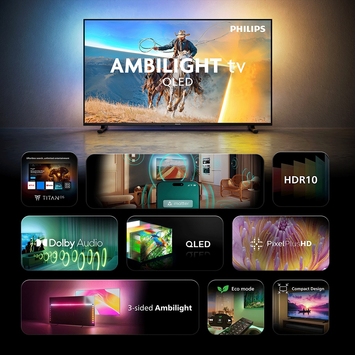 TV QLED 100cm (40") Philips Ambilight 40PQS6901, Full HD, Smart TV, Dolby Audio, Titan OS Negro mate-5
