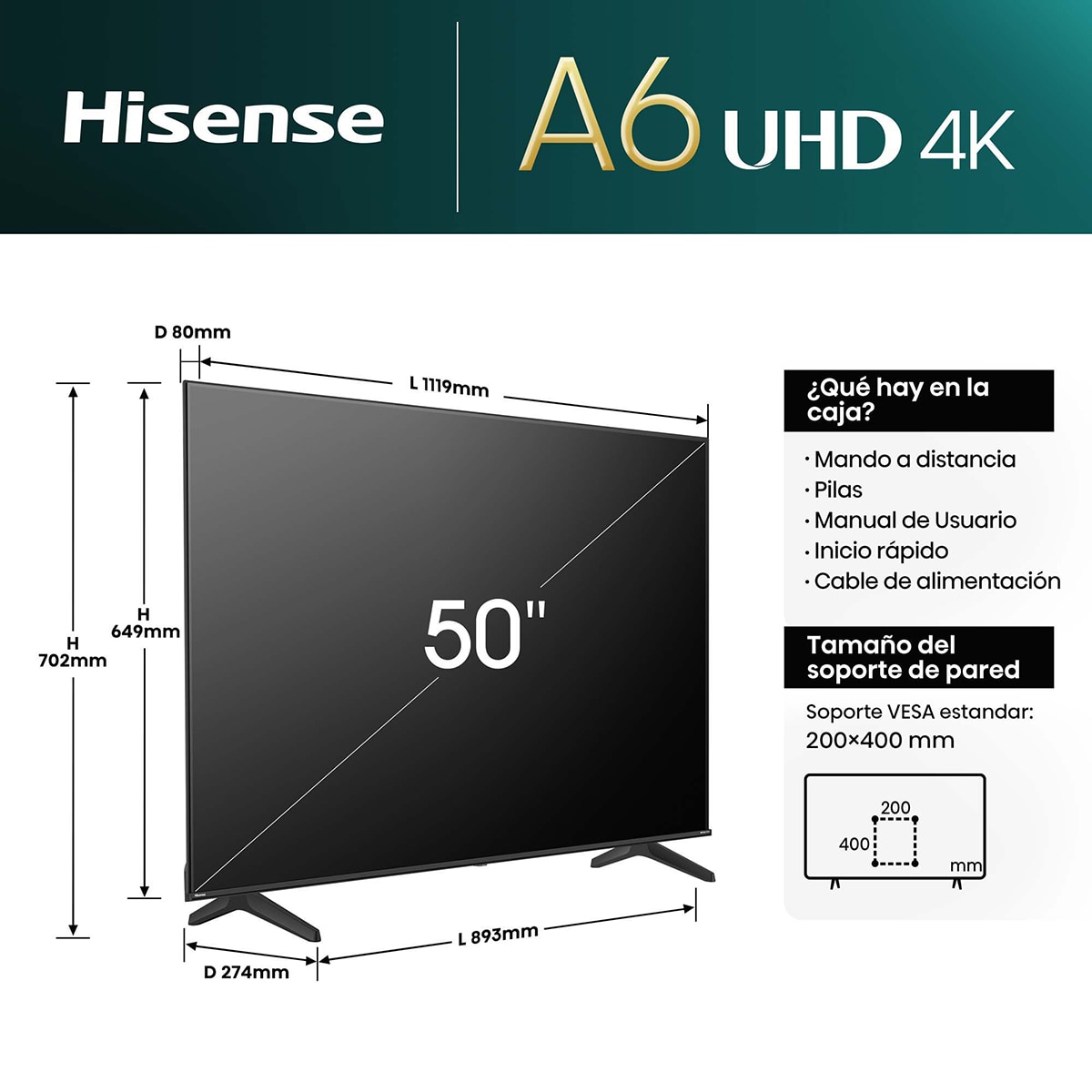 TV LED 50" (127cm) Hisense 50A6N UHD 4K Smart TV Negro-2