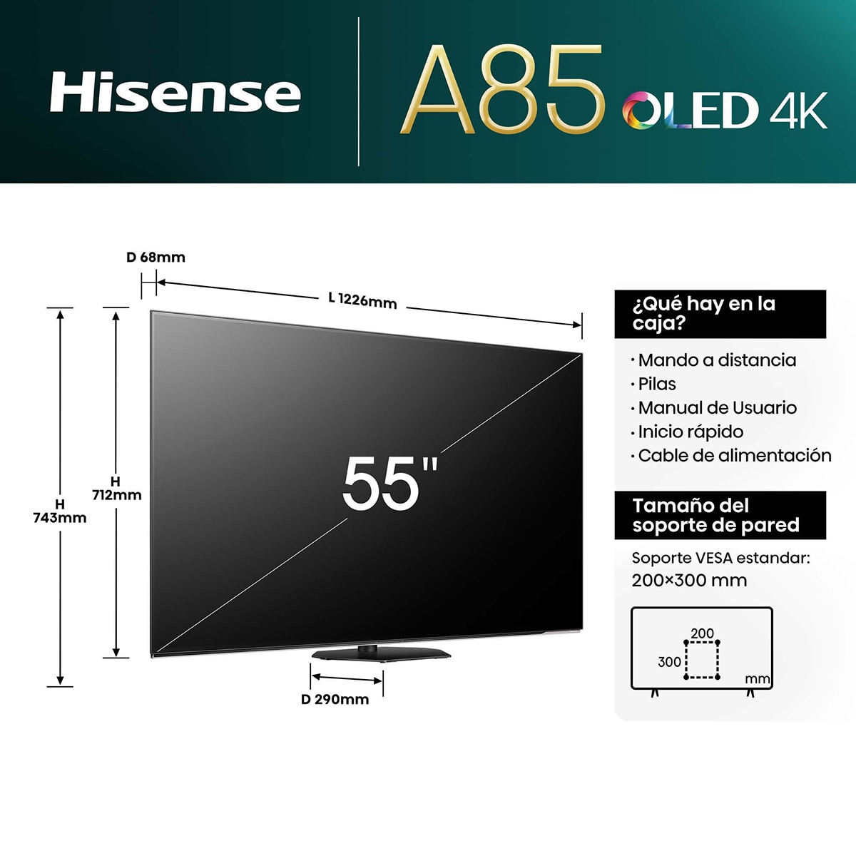 TV OLED 139cm (55") Hisense 55A85N UHD 4K Smart TV Negro / Acero Inox-2