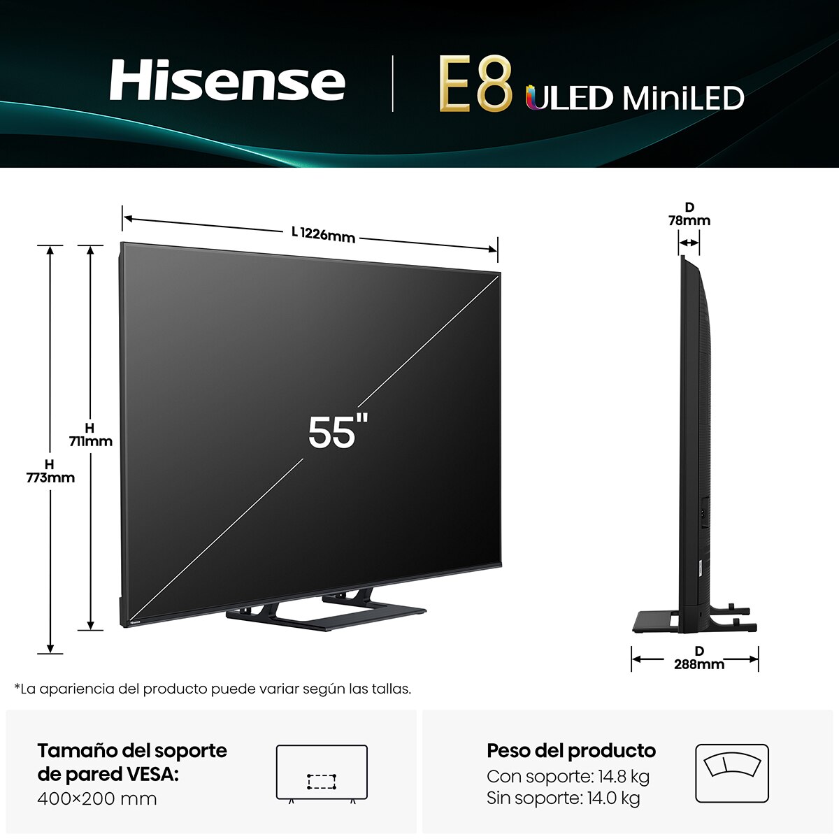 TV MiniLED 139 cm (55") Hisense 55E8Q, UHD 4K, Smart TV Gris carbón-2