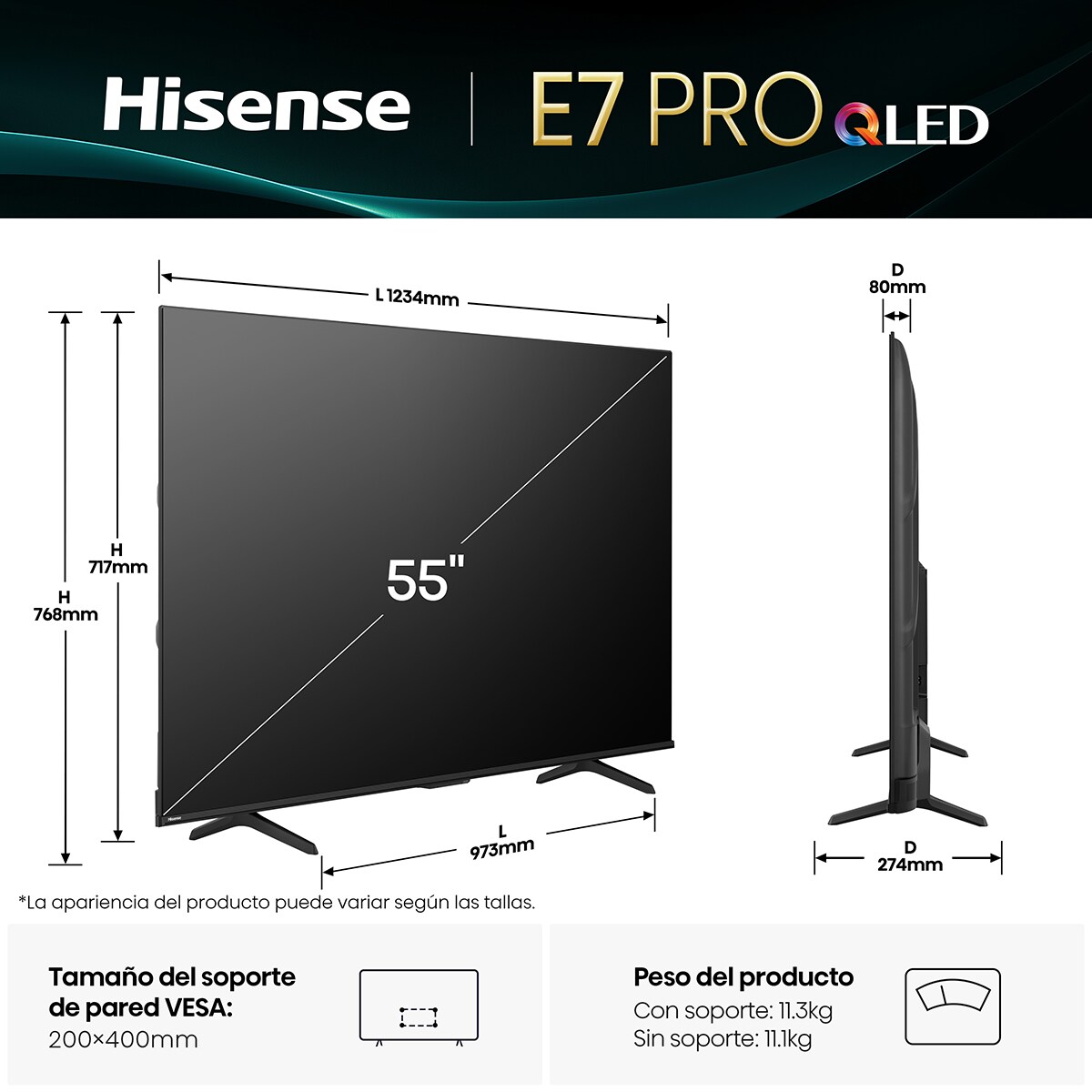 TV QLED 139 cm (55") Hisense 55E7Q Pro, UHD 4K, Smart TV Gris carbón-2