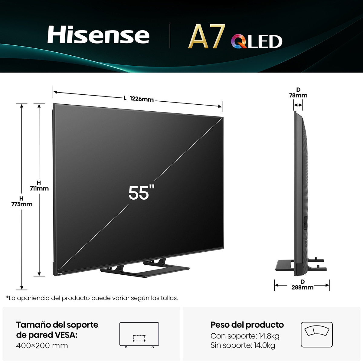 TV QLED 139 cm (55") Hisense 55A7Q, UHD 4K, Smart TV Negro-2