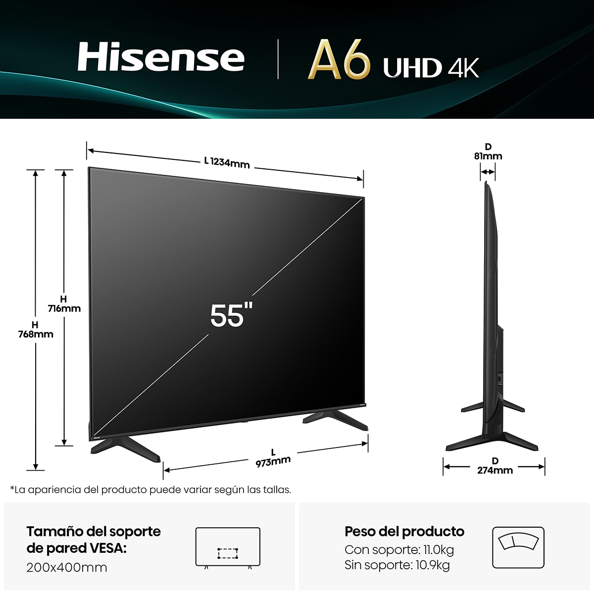 TV LED 139 cm (55") Hisense 55A6Q, UHD 4K, Smart TV Negro-2