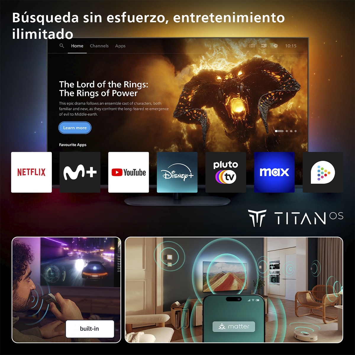 TV QLED 139 cm (55") Philips Ambilight 55PUS9010/12 UHD 4K, Dolby Vision y Dolby Atmos, Titan OS, Smart TV Carbón-7