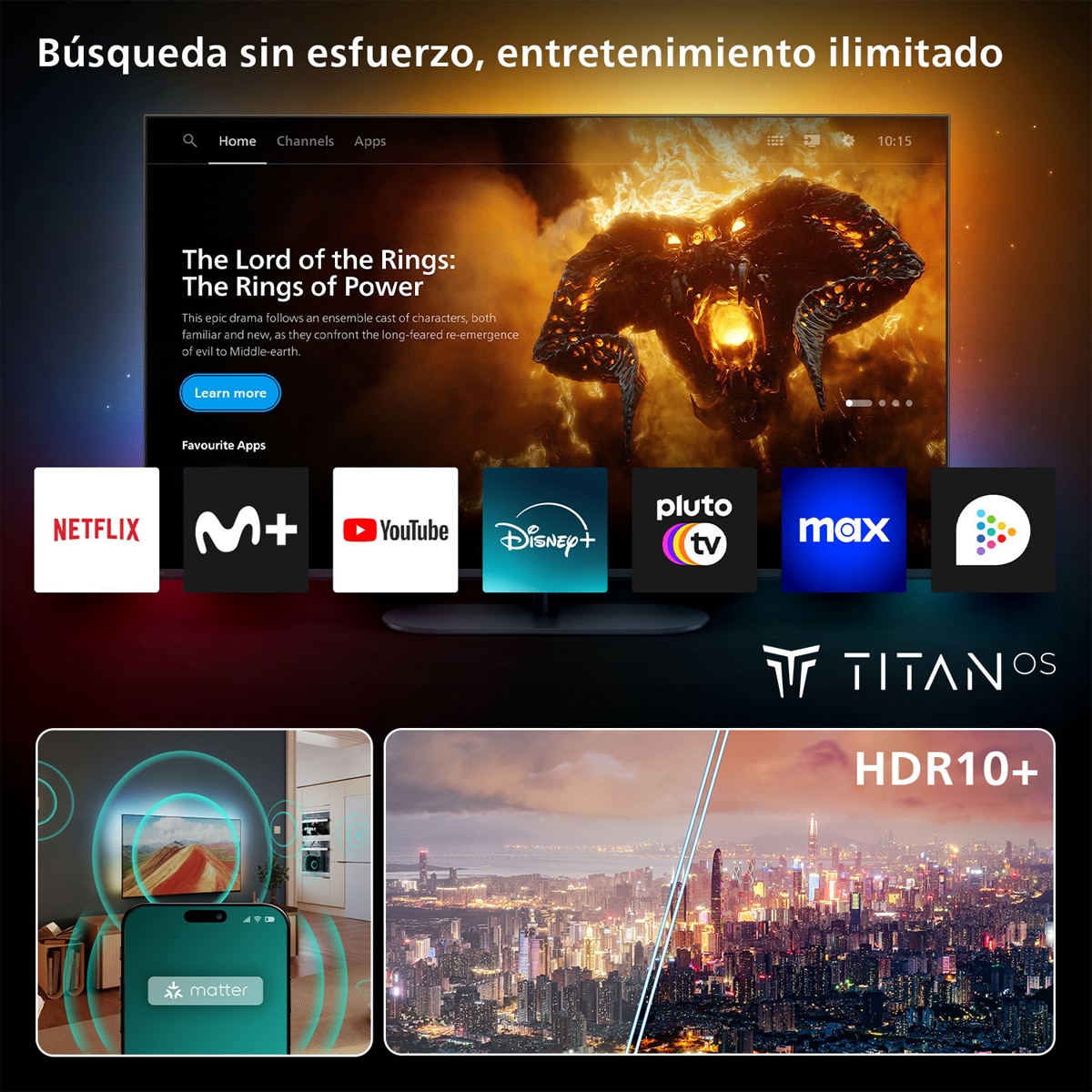 TV LED 126 cm (50") Philips Ambilight 50PUS8010/12 UHD 4K, Dolby Atmos, Titan OS, Smart TV Negro mate-5