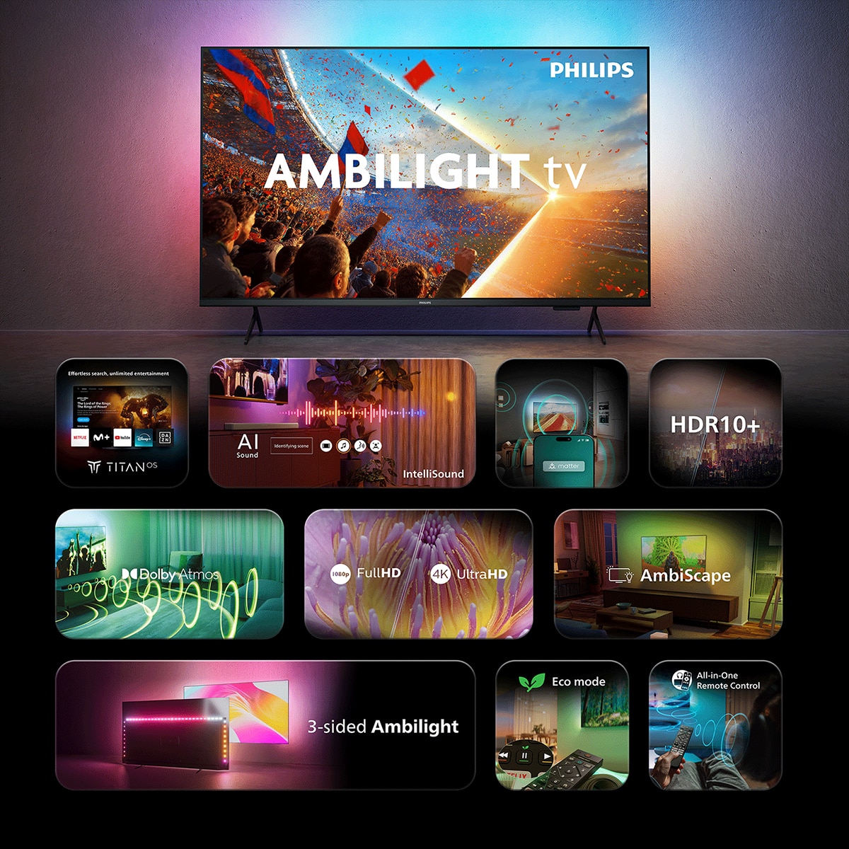 TV LED 126cm (50") Philips Ambilight 50PUS8001 4K UHD, Smart TV, Dolby Atmos, Titan OS - Negro mate Negro mate-5