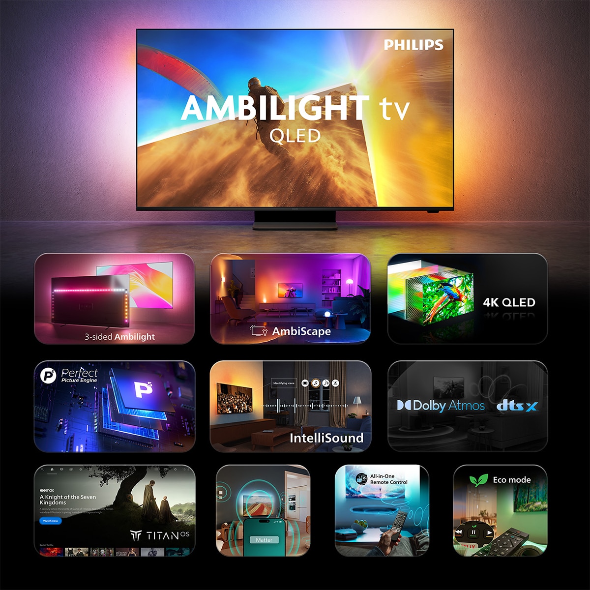 TV QLED 139cm (55") Philips Ambilight Ambiscape 55PQS8701, 4K UHD 60Hz, P5 Picture Engine HDR10+, Smart TV Titan OS, Dolby Atmos DTS:X,  Intellisound Negro-5