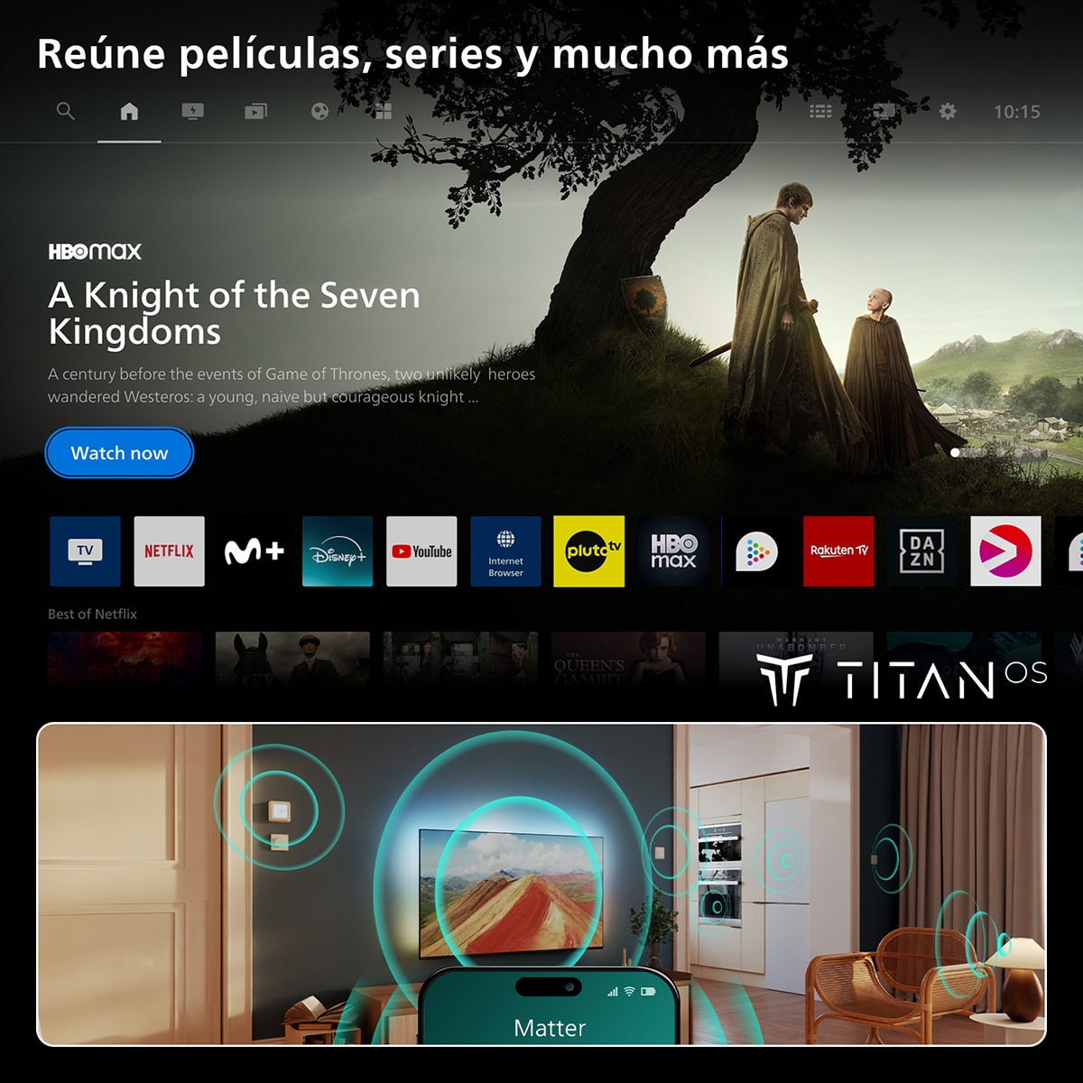 TV QLED 139cm (55") Philips Ambilight Ambiscape 55PQS8701, 4K UHD 60Hz, P5 Picture Engine HDR10+, Smart TV Titan OS, Dolby Atmos DTS:X,  Intellisound Negro-8
