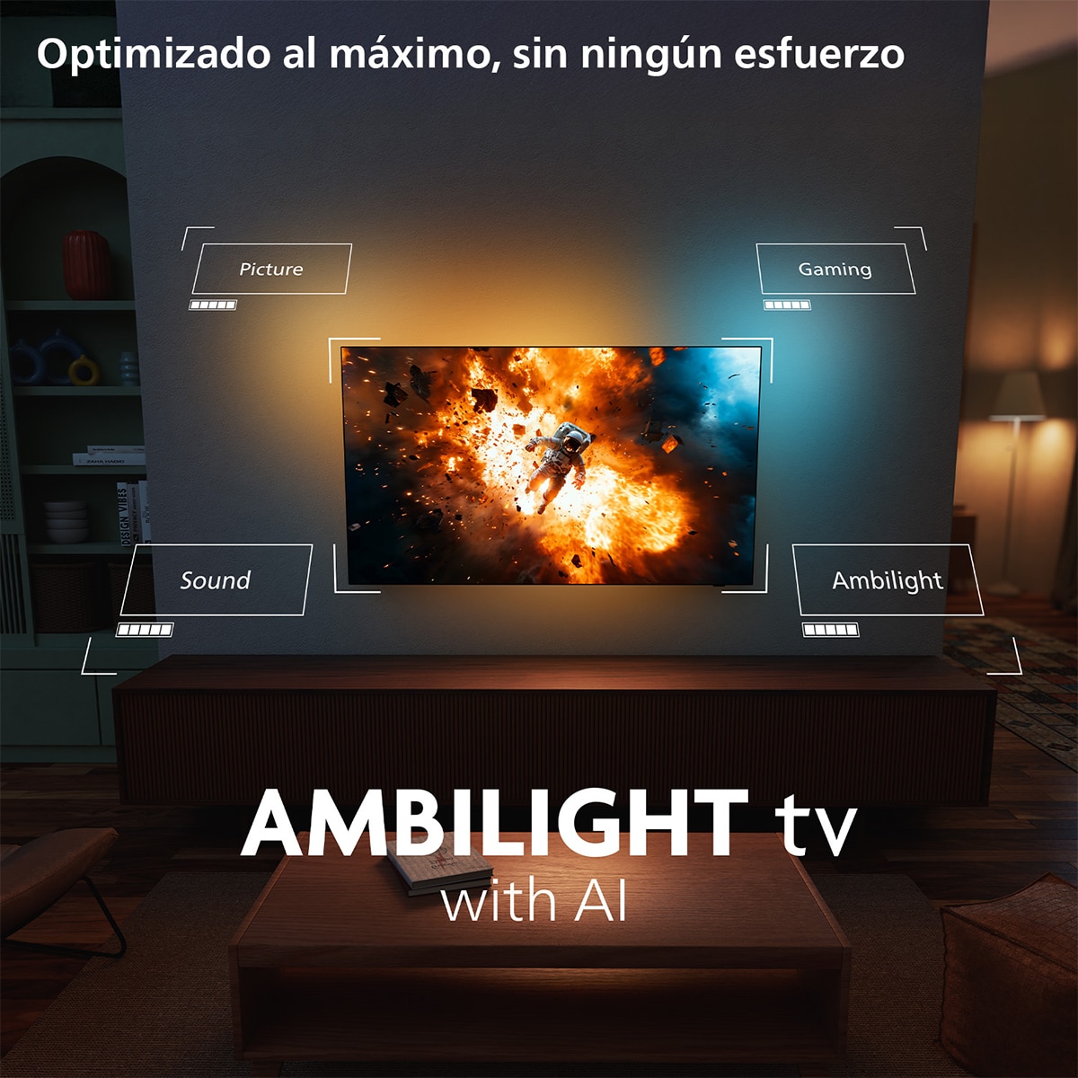 TV QLED 139cm (55") Philips Ambilight Ambiscape 55PQS8701, 4K UHD 60Hz, P5 Picture Engine HDR10+, Smart TV Titan OS, Dolby Atmos DTS:X,  Intellisound Negro-9