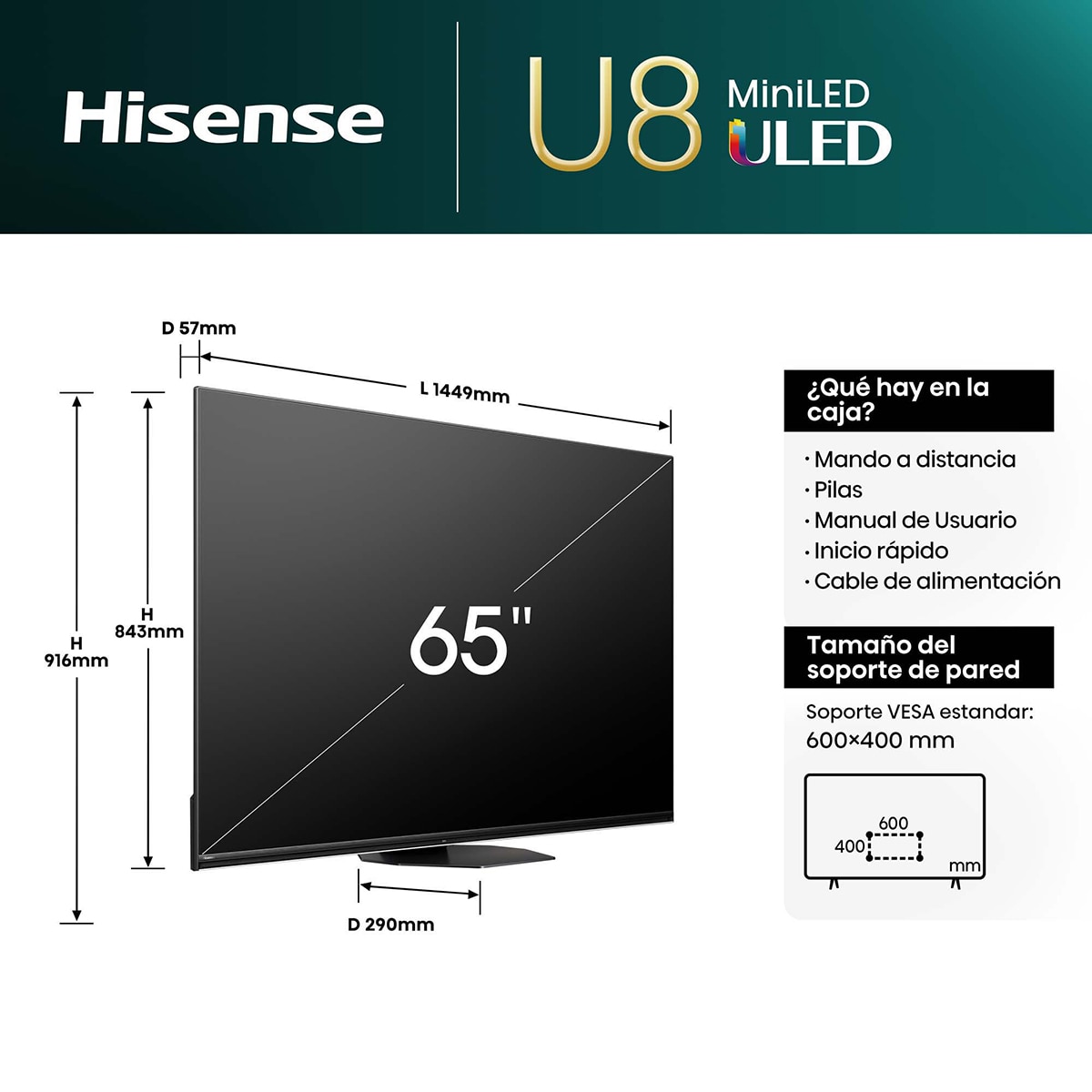 TV MiniLED 165cm (65") Hisense 65U8NQ UHD 4K Smart TV Gris carbón-2