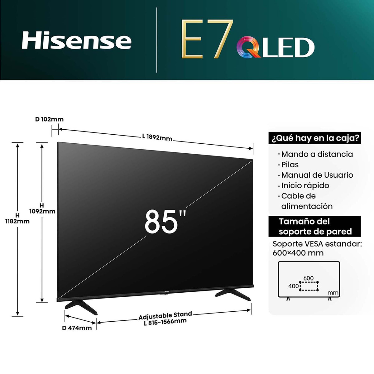 TV QLED 215,9cm (85") Hisense 85E7NQ UHD 4K Smart TV Negro-2