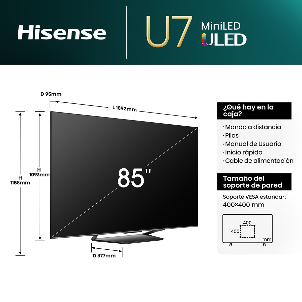 TV Mini LED 215 cm (85") Hisense 85U7NQ, UHD 4K Smart TV Gris carbón-2
