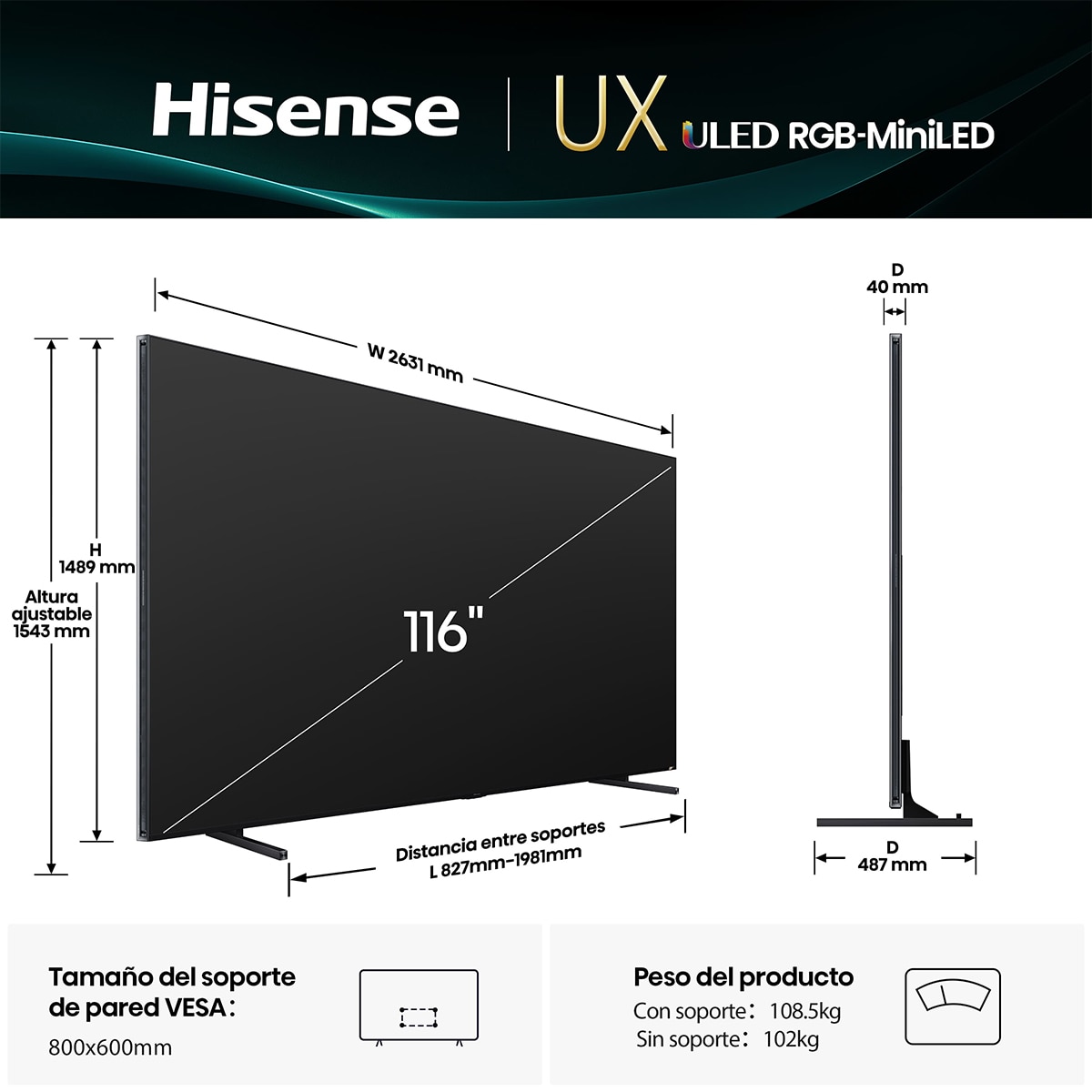 TV RGB-MiniLED 293 cm (116") Hisense 116UXQ, 4K Smart TV 165Hz, HDR Completo, Color Máster PRO, Procesador IA PRO Aluminio / Gris carbón-2