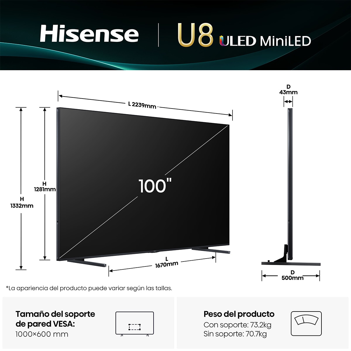 TV MiniLED 254 cm (100") Hisense 100U8Q, UHD 4K Smart TV Aluminio / Gris carbón-2
