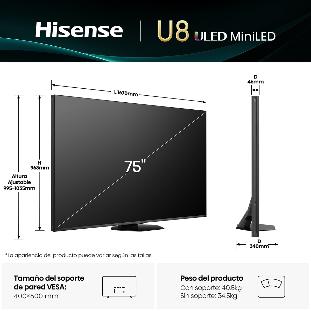 TV MiniLED 189 cm (75") Hisense 75U8Q, UHD 4K, Smart TV Aluminio / Gris carbón-2