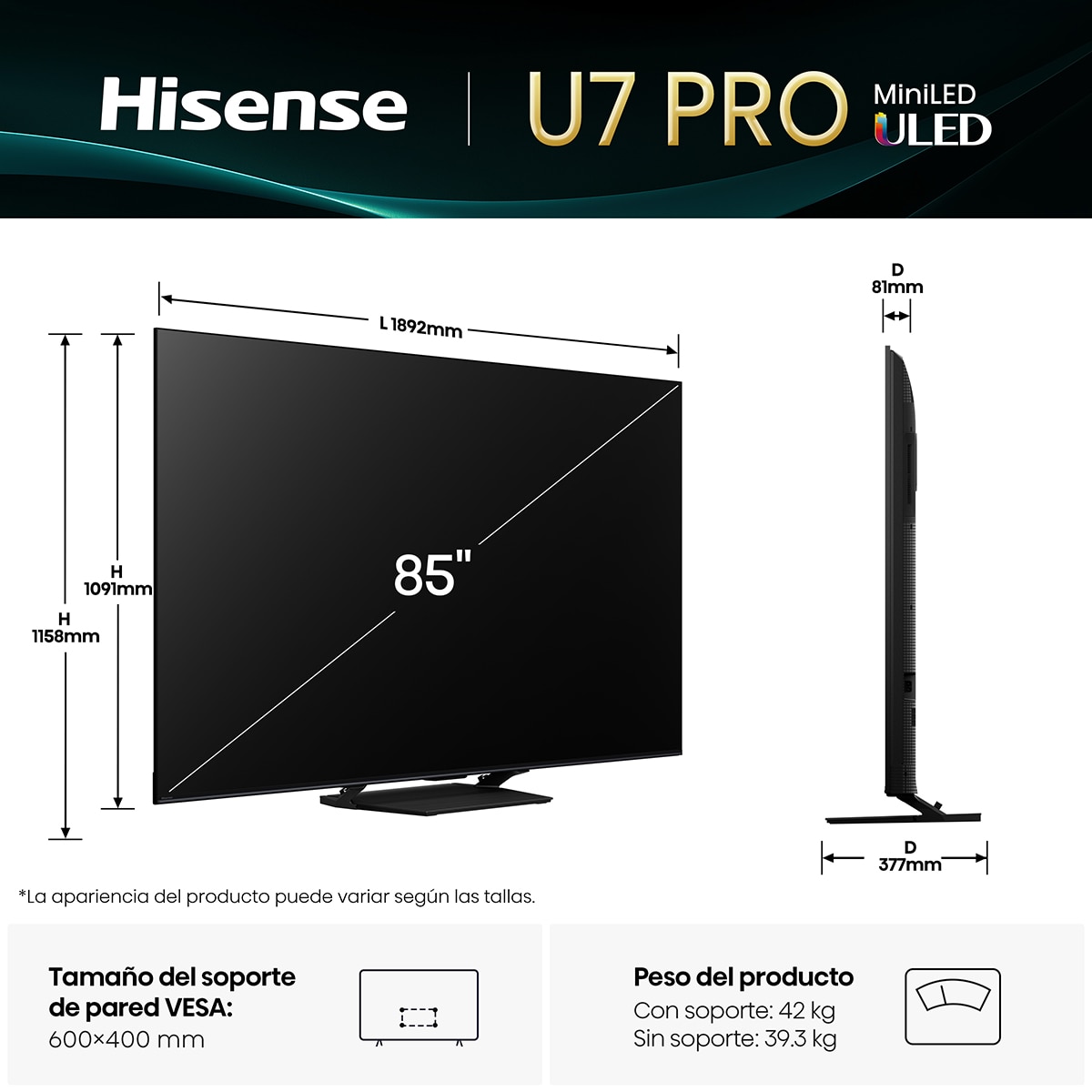 TV MiniLED 215 cm (85") Hisense 85U7Q Pro, UHD 4K, Smart TV Aluminio / Gris carbón-2