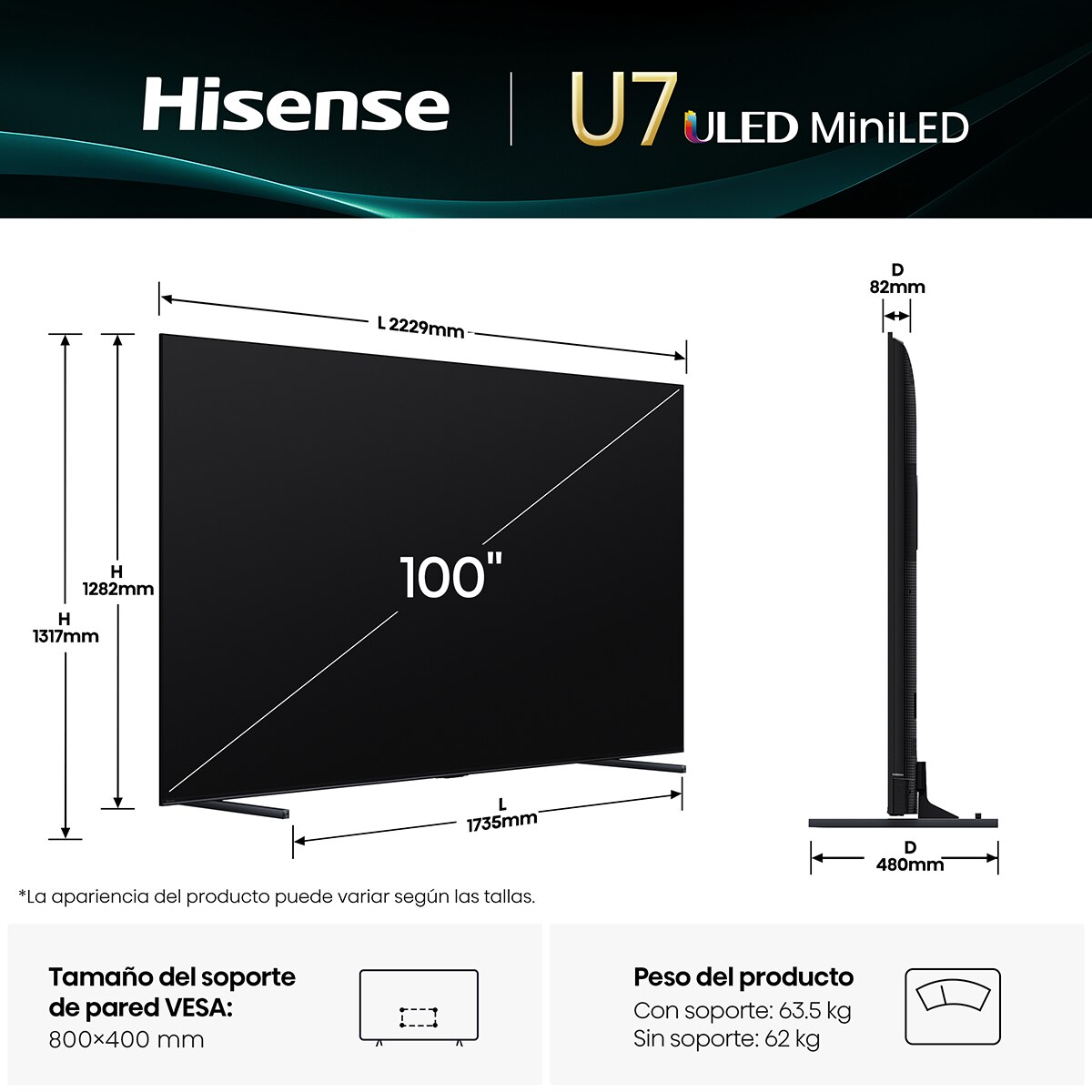 TV MiniLED 254 cm (100") Hisense 100U7Q, UHD 4K, Smart TV Metal / Negro-2