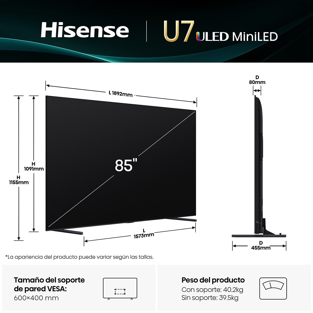 TV MiniLED 215 cm (85") Hisense 85U7Q, UHD 4K, Smart TV Metal / Negro-2