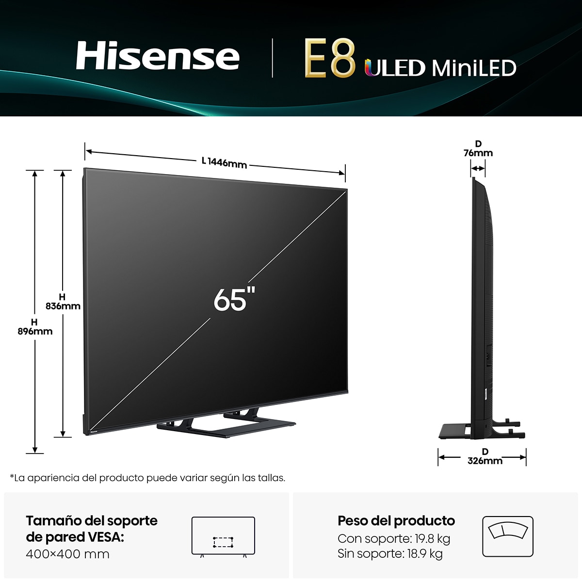 TV MiniLED 164 cm (65") Hisense 65E8Q, UHD 4K, Smart TV Gris carbón-2