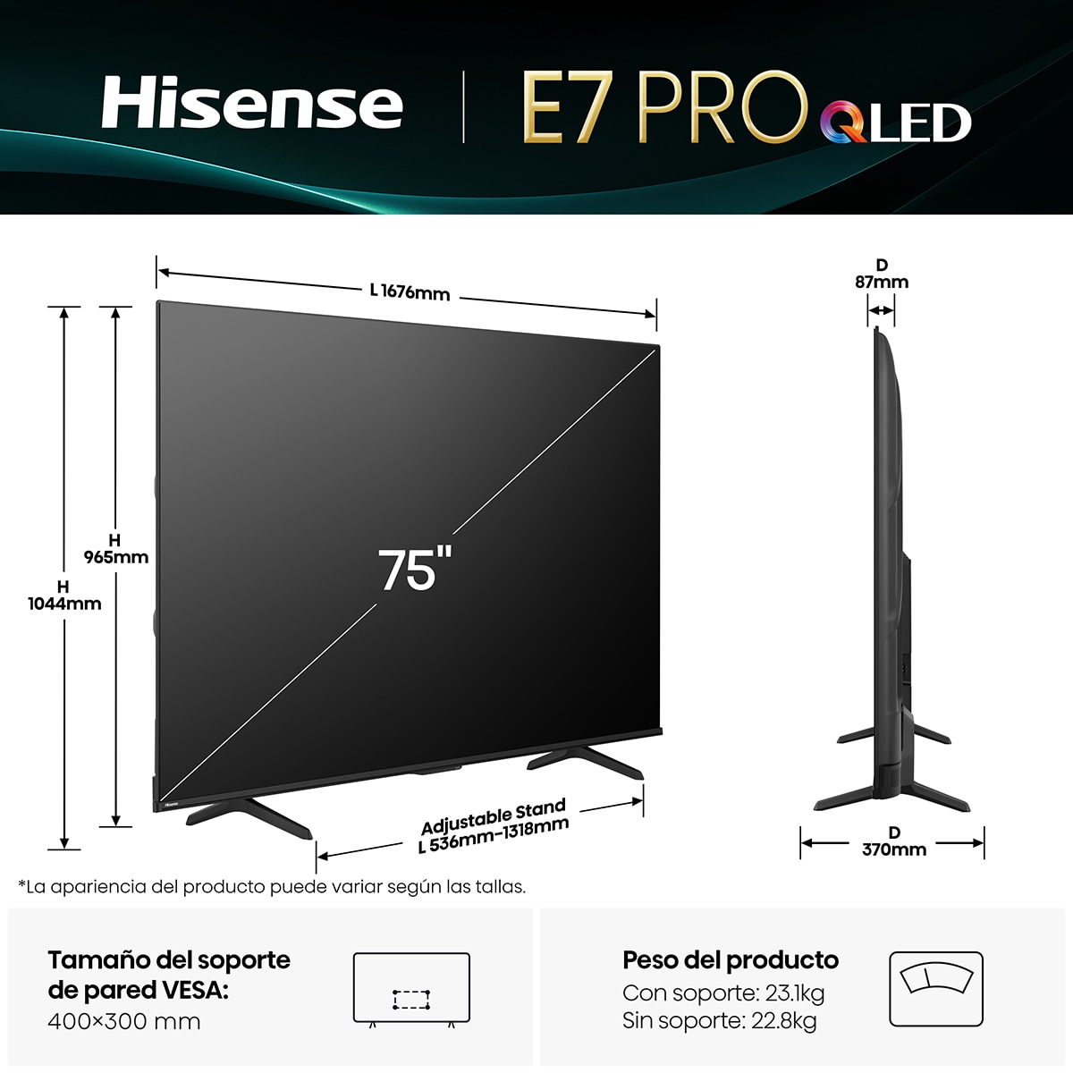 TV QLED 189 cm (75") Hisense 75E7Q Pro, UHD 4K, Smart TV Gris carbón-2