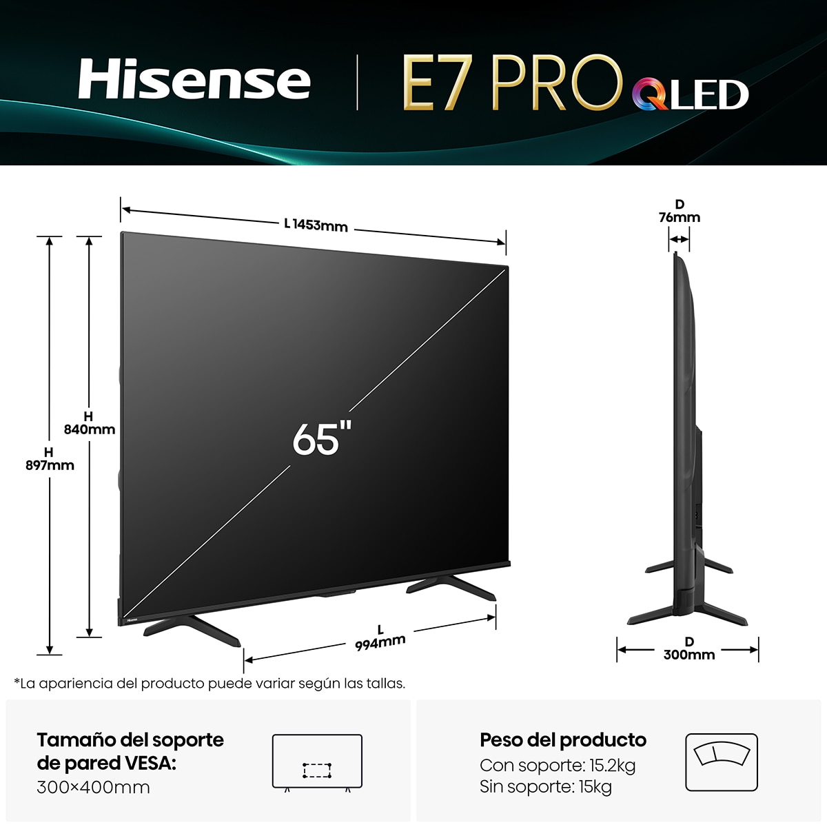 TV QLED 164 cm (65") Hisense 65E7Q Pro, UHD 4K, Smart TV Gris carbón-2