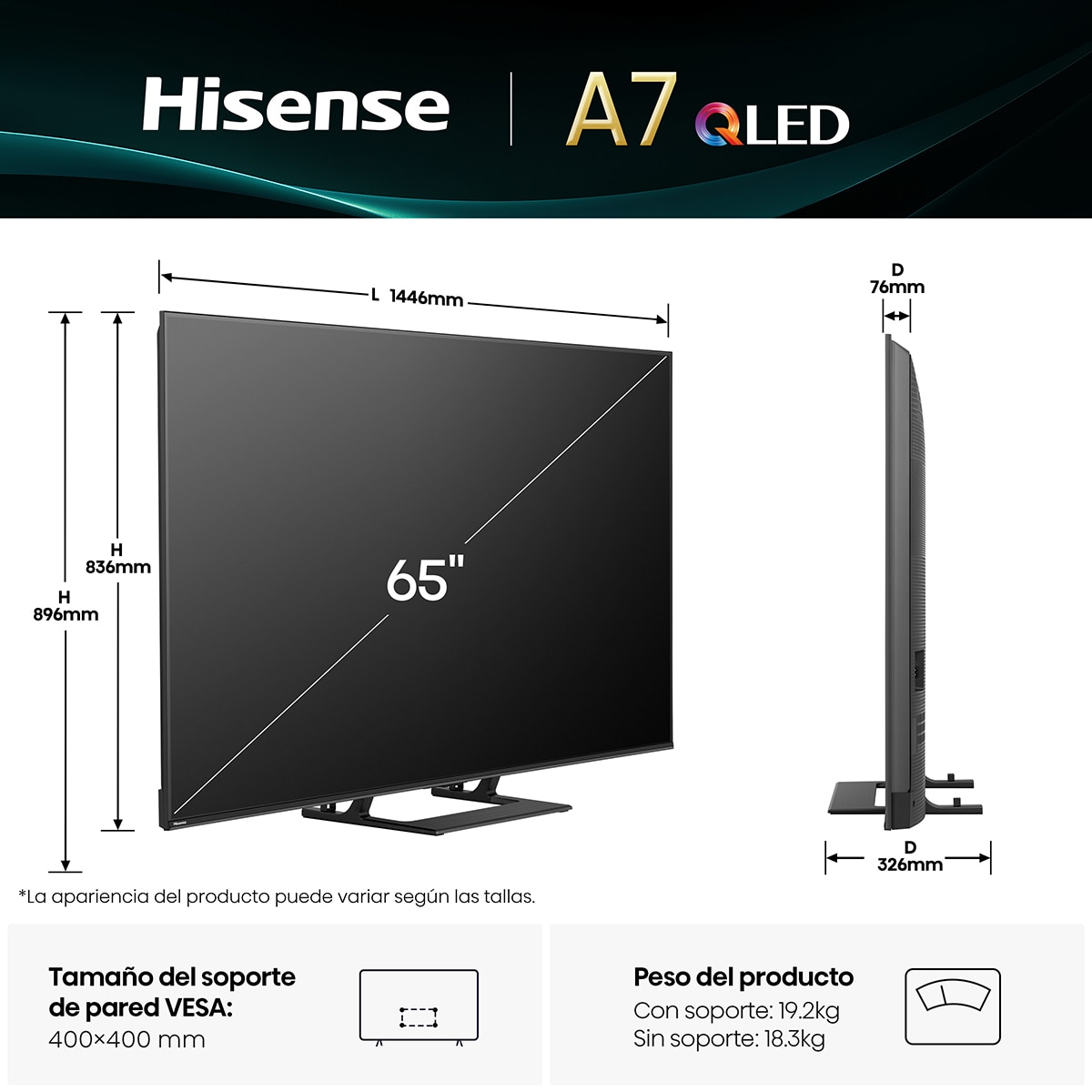 TV QLED 164 cm (65") Hisense 65A7Q, UHD 4K, Smart TV Negro-2