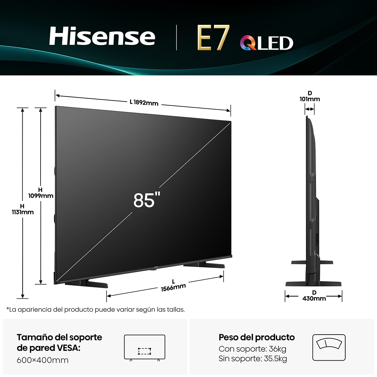 TV QLED 215 cm (85") Hisense 85E7Q, UHD 4K, Smart TV Negro-2