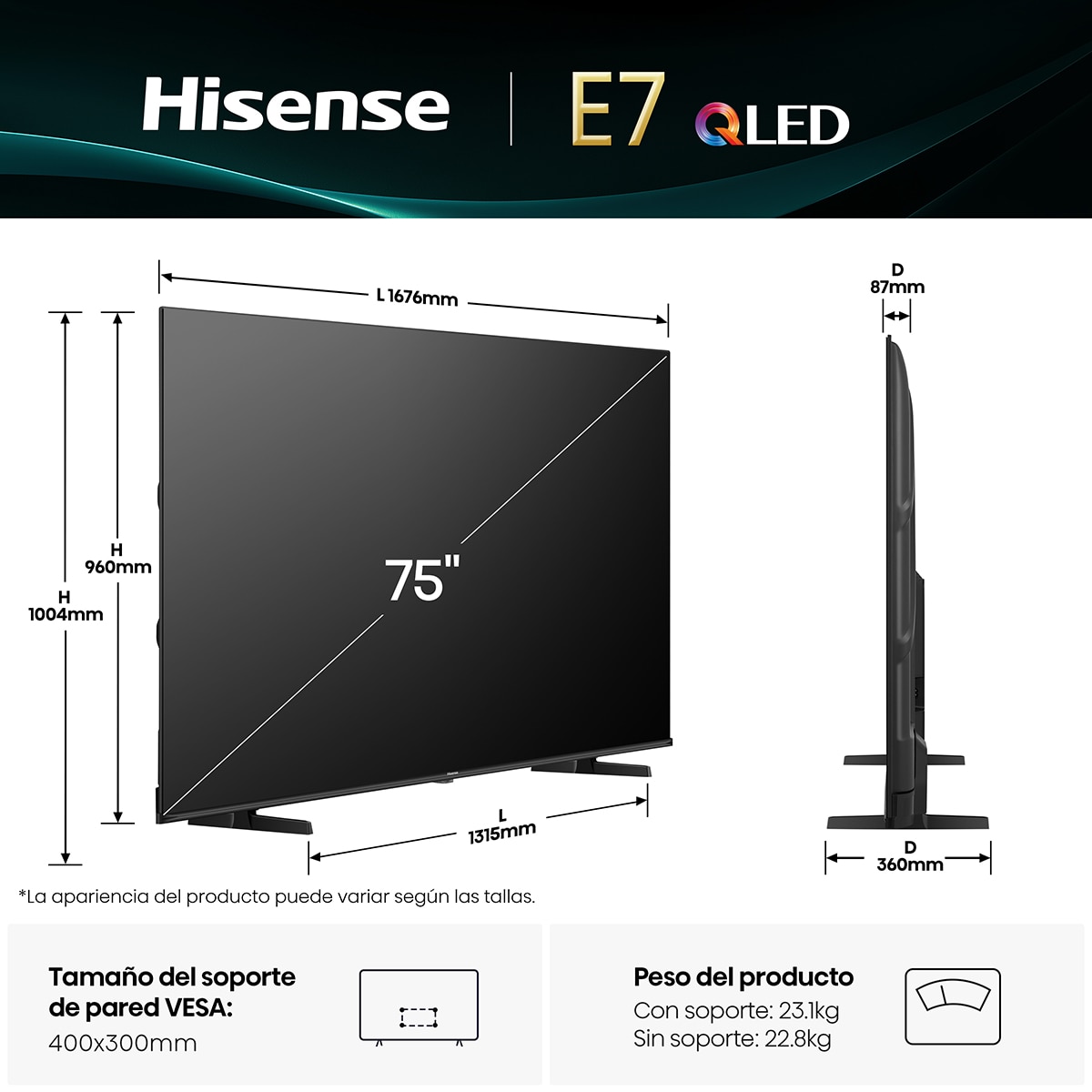 TV QLED 189 cm (75") Hisense 75E7Q, UHD 4K, Smart TV Negro-2