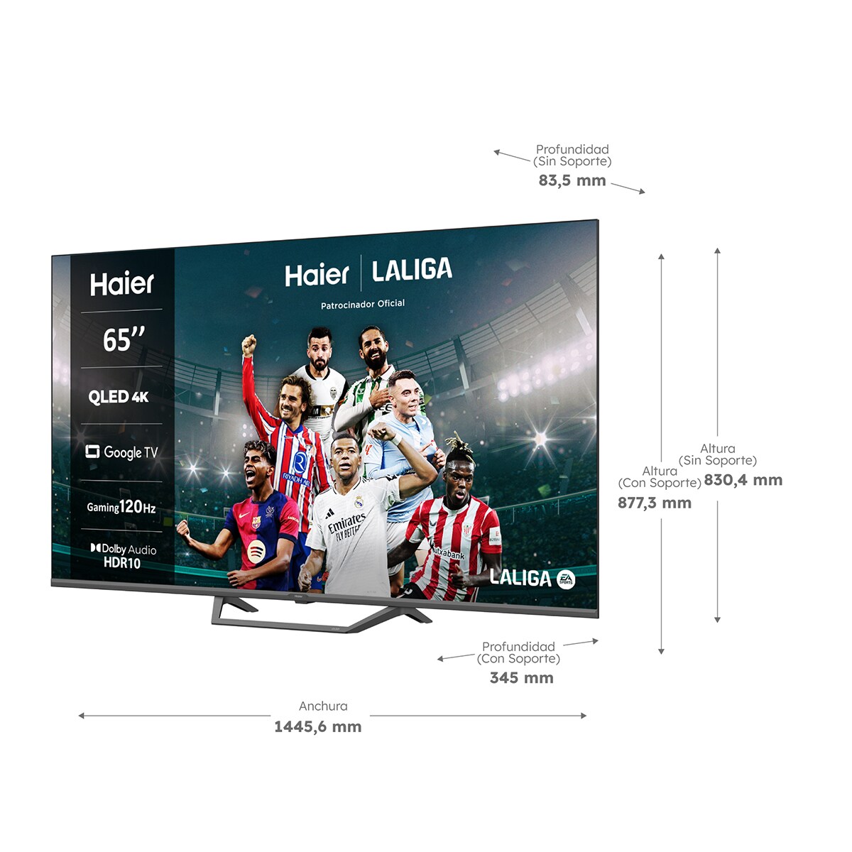 TV QLED 165 cm (65") Haier H65S80FUX UHD 4K, Peana central, Smart Google TV, HDR10, Gaming 120Hz,  Dolby Audio Negro-3