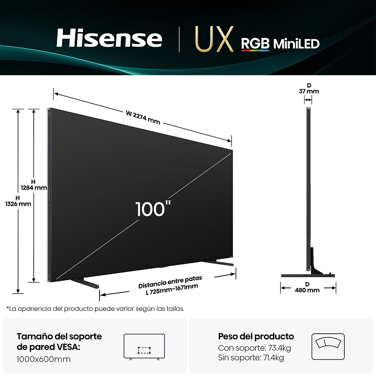 TV RGB Mini LED 253cm (100") Hisense 100UXQ, UHD 4K, Smart TV con IA Aluminio / Gris carbón-2