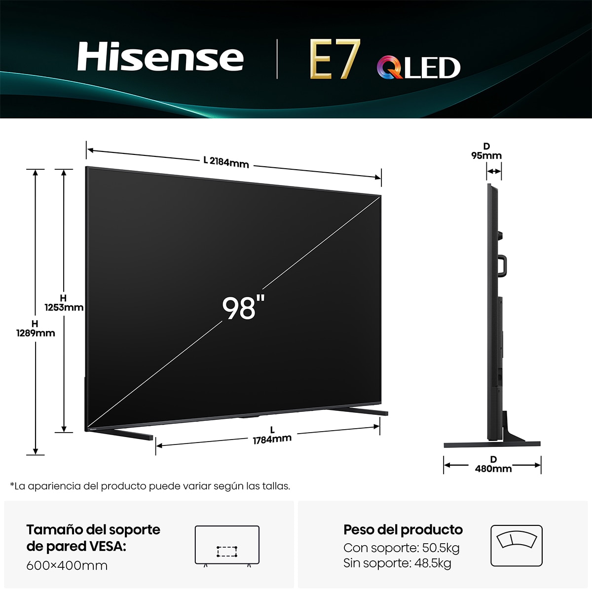 TV QLED 248cm (98") Hisense 98E7Q, UHD 4K, Smart TV con IA Negro-2