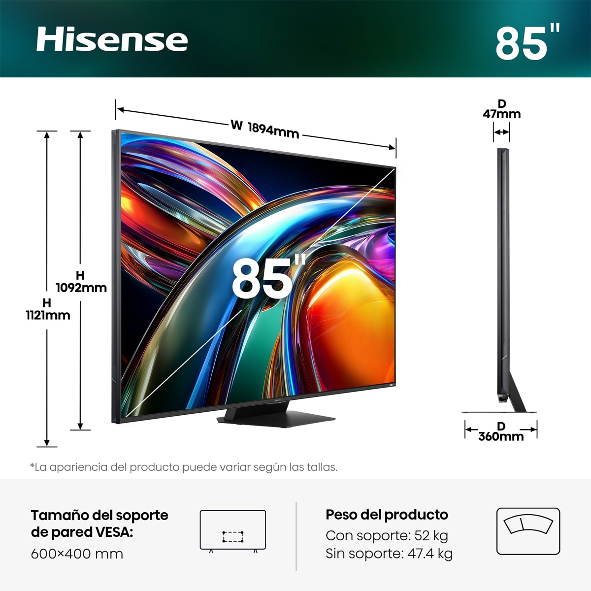 TV RGB Mini LED 85" (215 cm) Hisense 85UR9S UHD 4K Smart TV con IA Aluminio / Gris carbón-2
