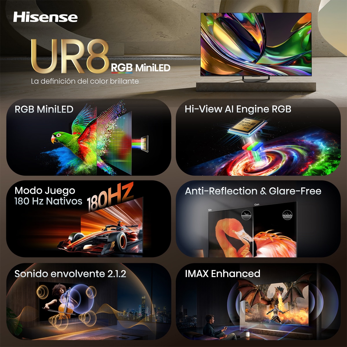 TV RGB Mini LED 85"(215 cm) Hisense 85UR8S UHD 4K Smart TV con IA Aluminio / Gris carbón-4