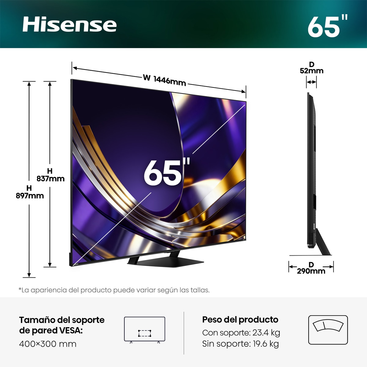 TV Mini LED 65" (164 cm) Hisense 65U7S PRO UHD 4K Smart TV con IA Aluminio / Gris carbón-3