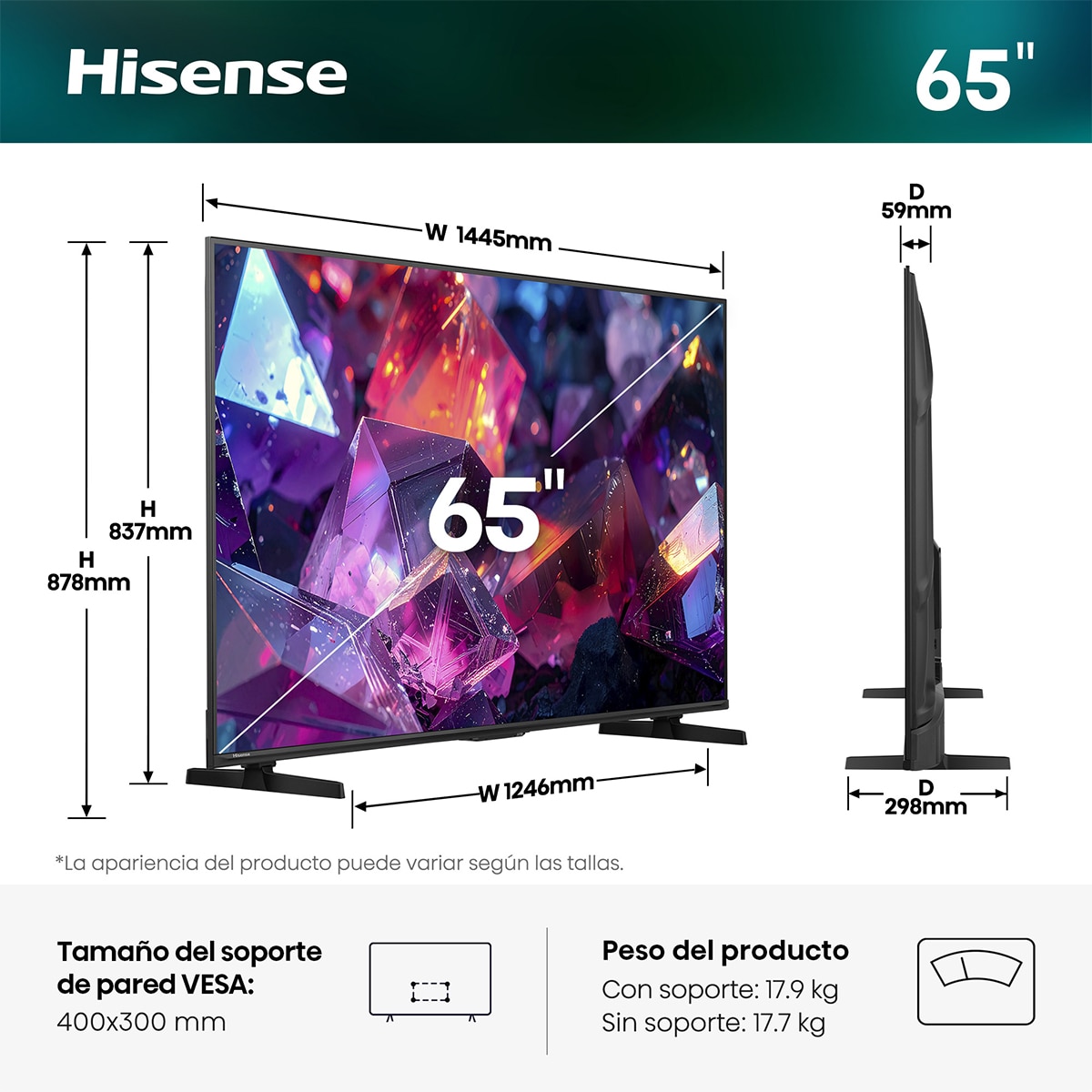 TV HI-QLED 65" (164 cm) Hisense 65E7S PRO UHD 4K Smart TV con IA Gris carbón-2