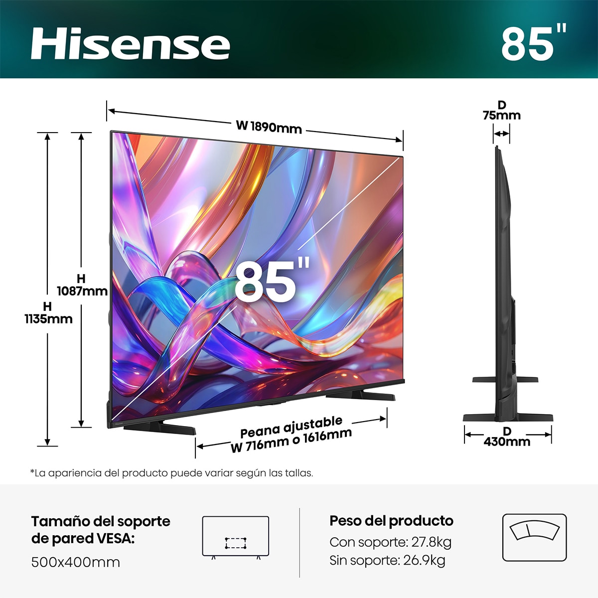 TV HI-QLED 85" (215 cm) Hisense 85E7S  UHD 4K Smart TV con IA Negro-2