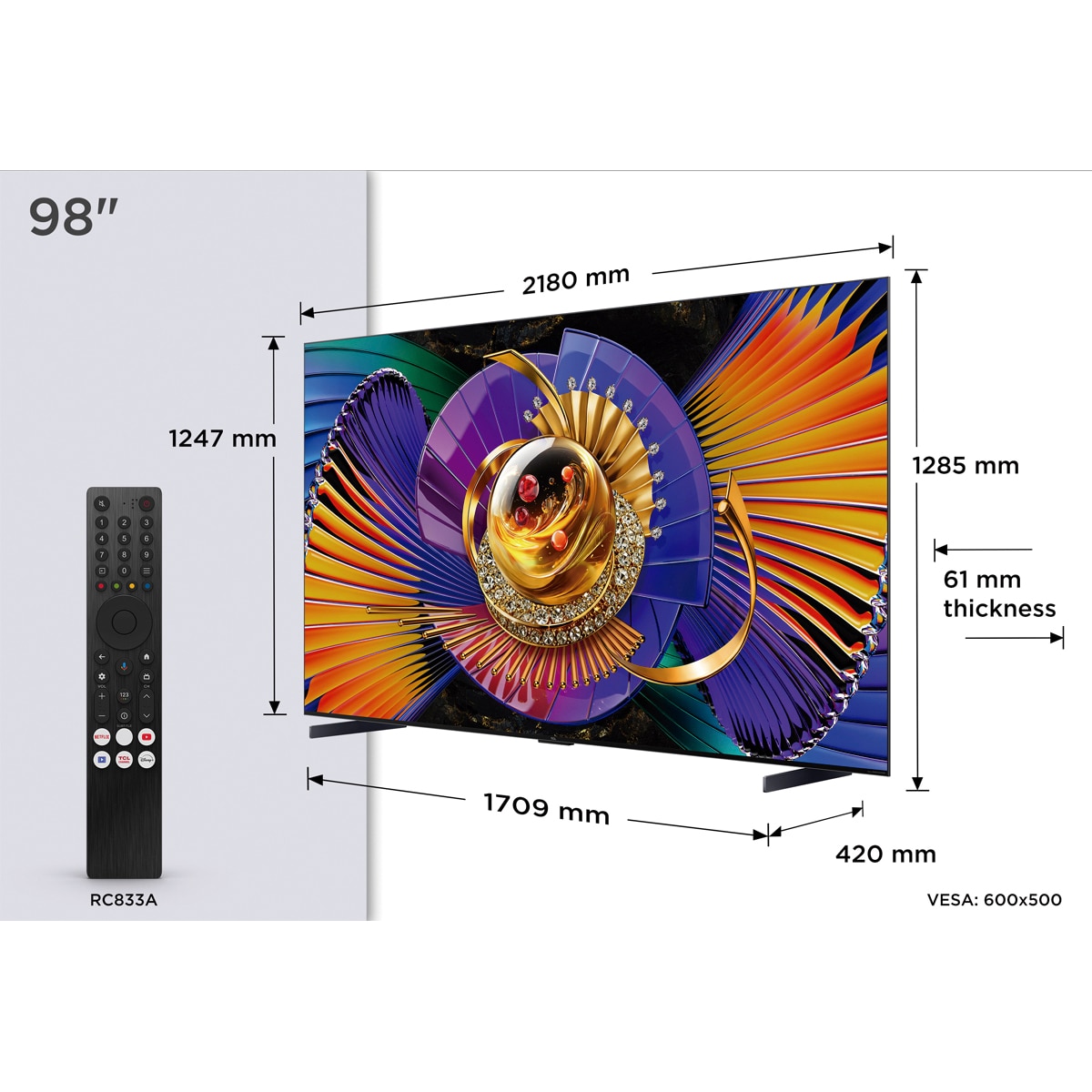 TV SQD-MiniLED 248cm (98") TCL 98C7L, 4K HDR 3000 nits, Google TV, 144Hz, Dolby Vision & Atmos, Audio by Bang & Olufsen - Acero oscuro Acero oscuro-2