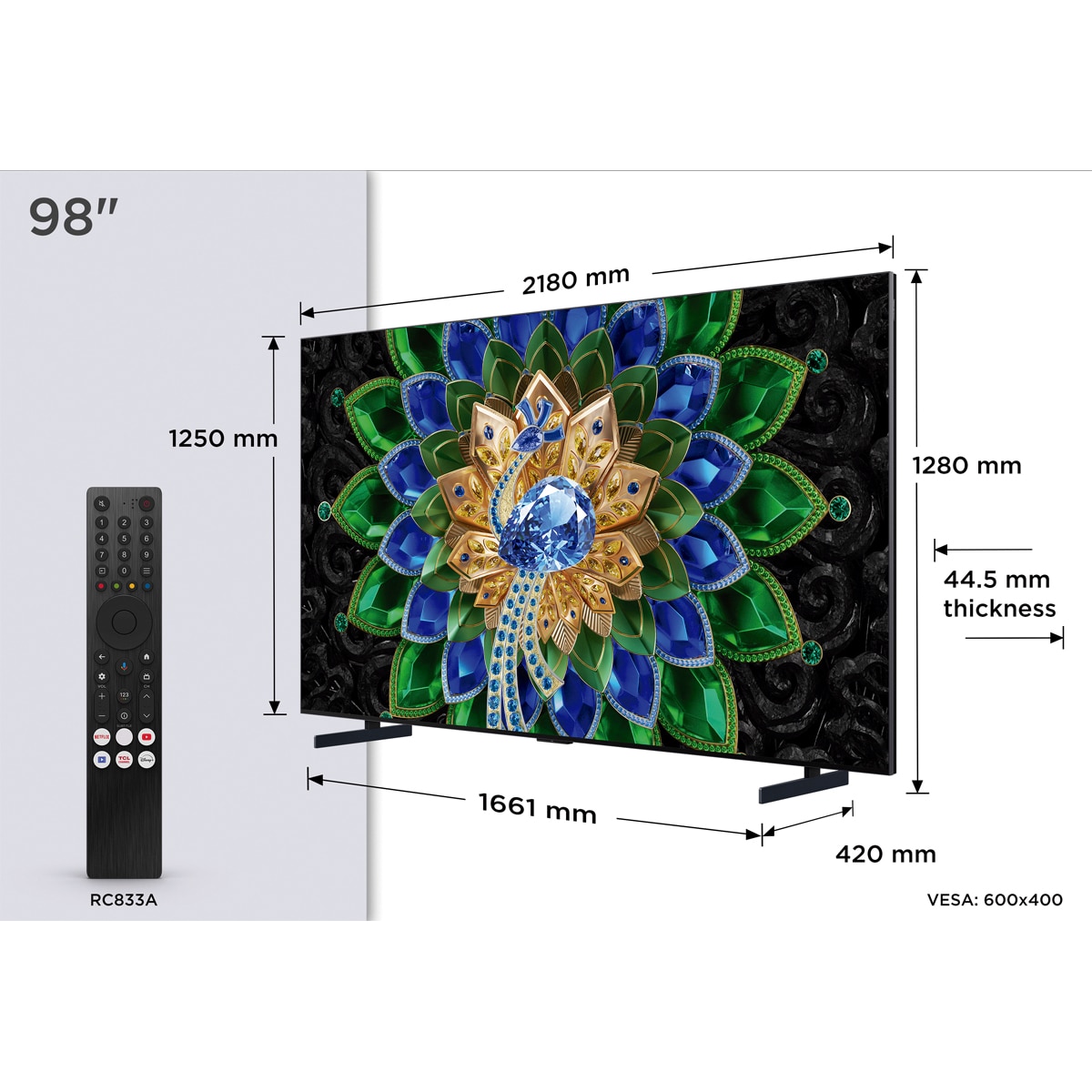 TV QD-MiniLED 248cm (98") TCL 98A400U, 4K HDR 2500 nits, Google TV, Dolby Vision IQ & Atmos, 2.0 Onkyo, 144Hz, AirPlay 2 - Acero oscuro Acero oscuro-2