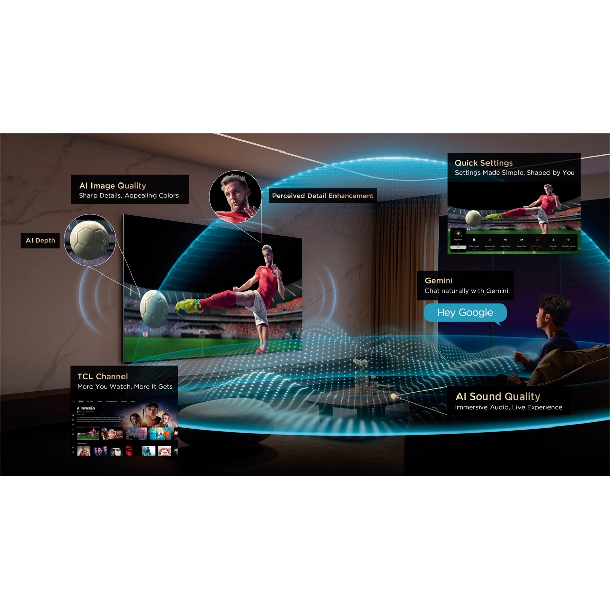TV QD-MiniLED 215cm (85") TCL 85A400U, 4K HDR 2500 nits, Google TV, Dolby Vision IQ & Atmos, 2.0 Onkyo, 144Hz, AirPlay 2 Acero oscuro-3