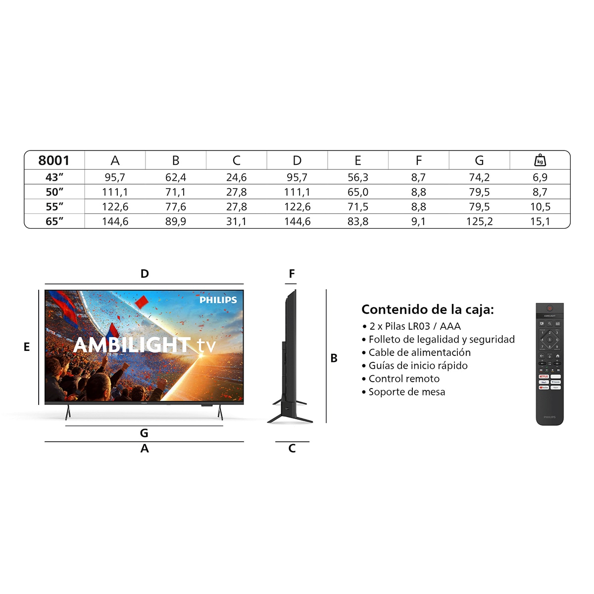 TV LED 164cm (65") Philips Ambilight 65PUS8001 4K UHD, Smart TV, Dolby Atmos, Titan OS - Negro mate Negro mate-3