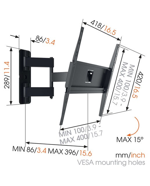 Soporte de pared giratorio hasta 180º/ inclinable 10º Vogel's PP 3040 para TV de 32" a 55" hasta 25 kg Negro-5