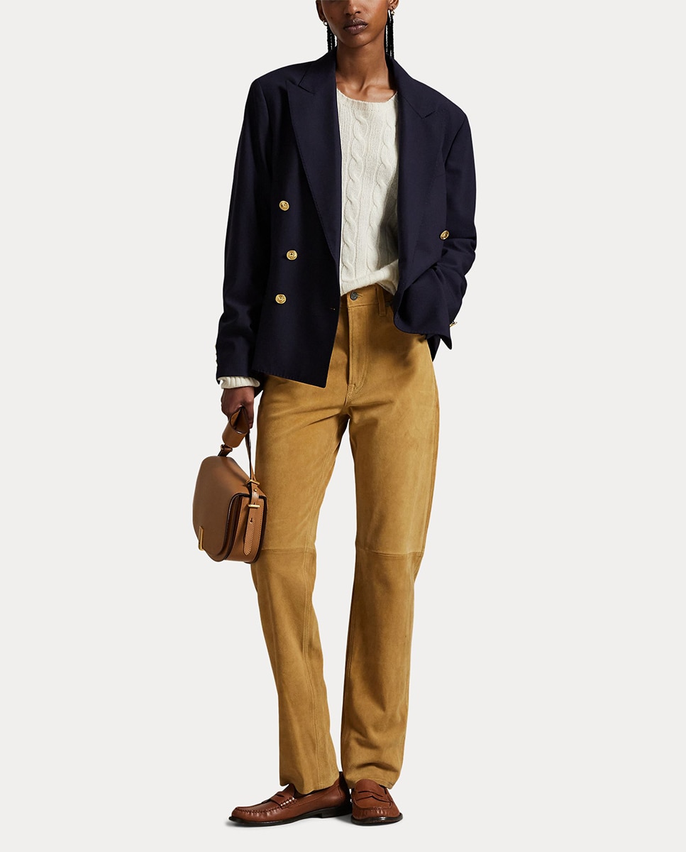Calças Skinny Straight Fit de Camurça Castanho-3
