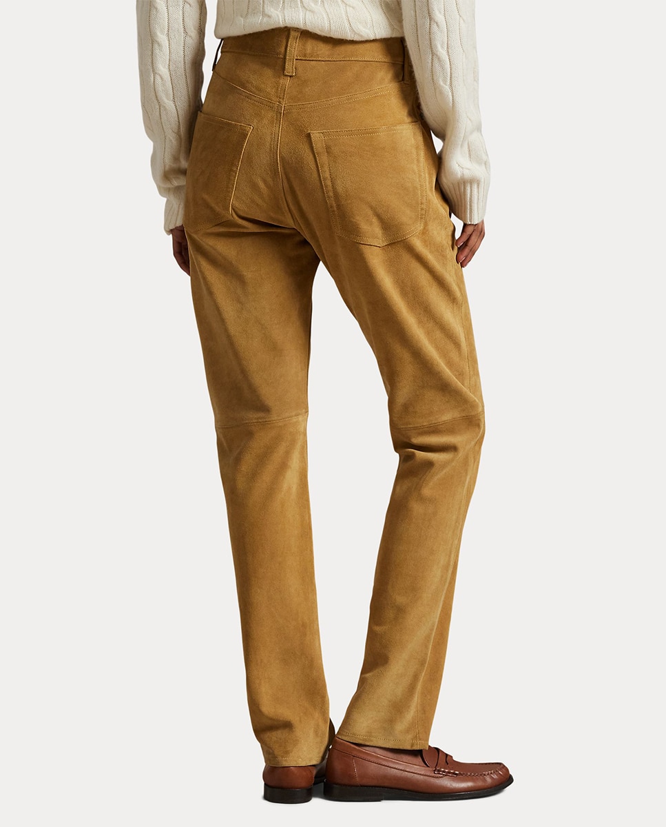 Calças Skinny Straight Fit de Camurça Castanho-5