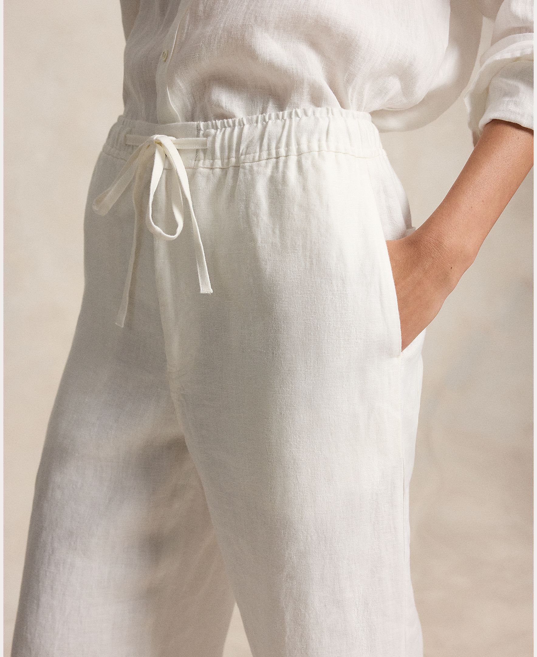 Calças Largas de Linho com Cordão na Cintura Branco-marfim-5