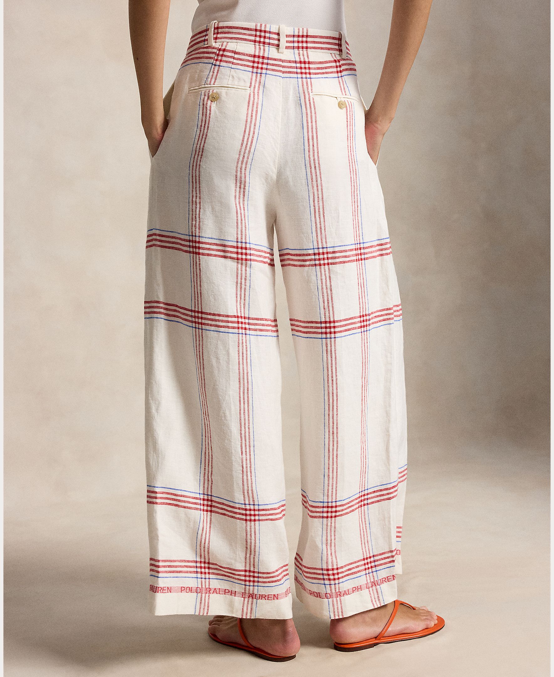 Calças Largas de Linho com Estampado Creme-4