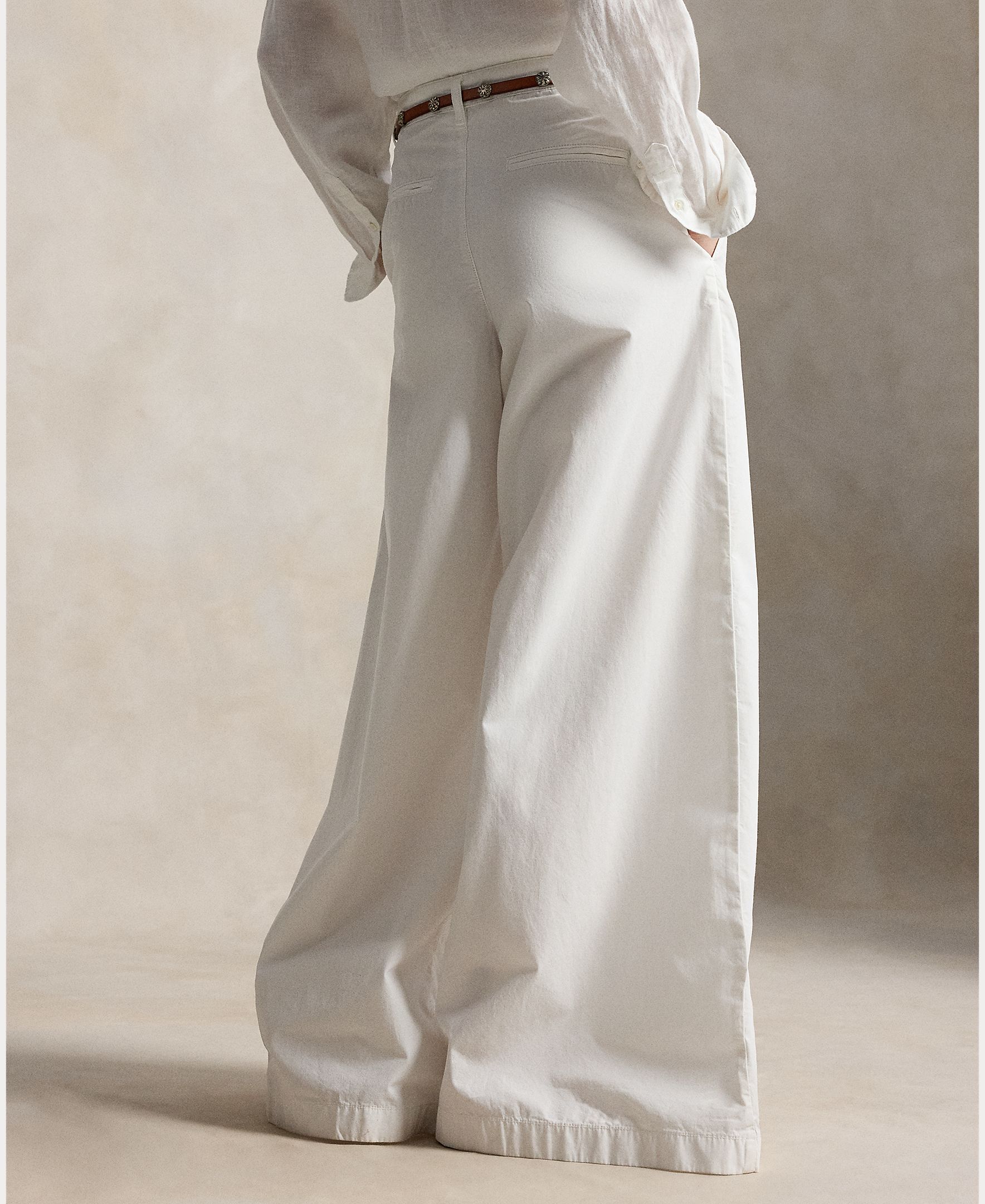 Jeans Largas de Ganga de Algodão Branco-2