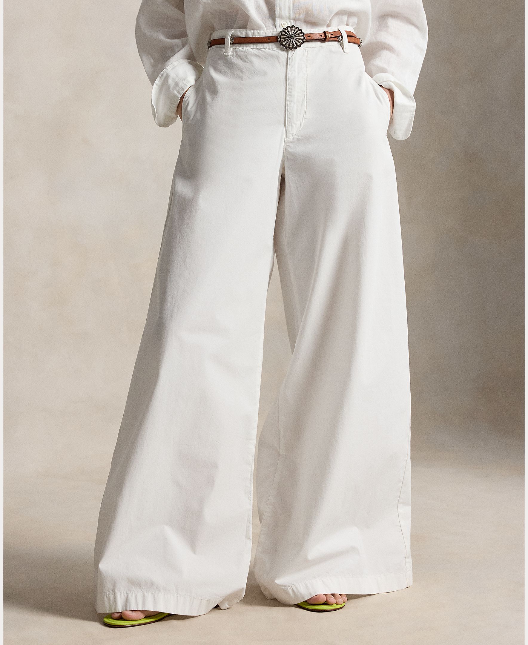 Jeans Largas de Ganga de Algodão Branco-3